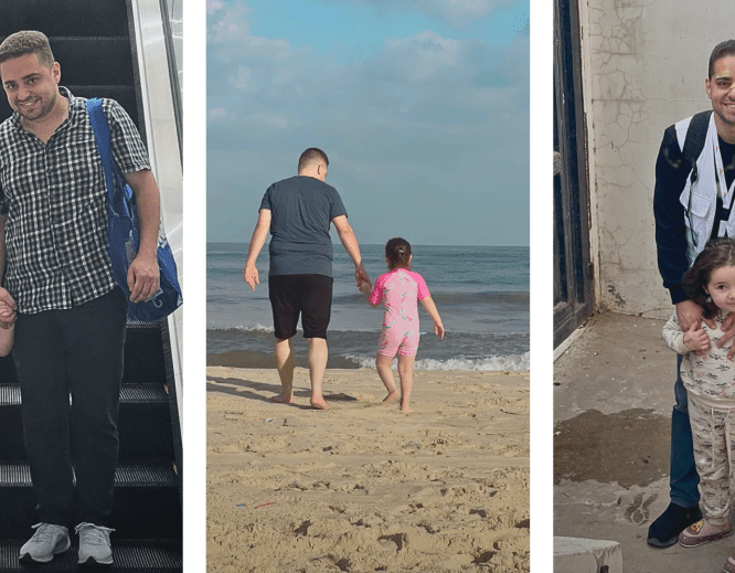 Dr. Sohaib Safi, MSF doctor, with his daughter on the beach in Gaza