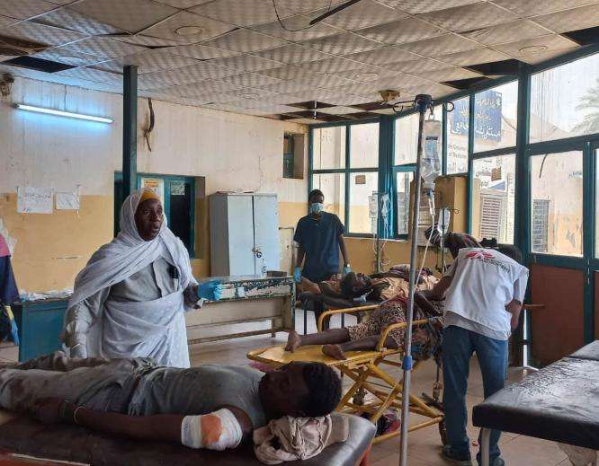 An MSF hospital room with patients on gurneys in Khartoum, Sudan.