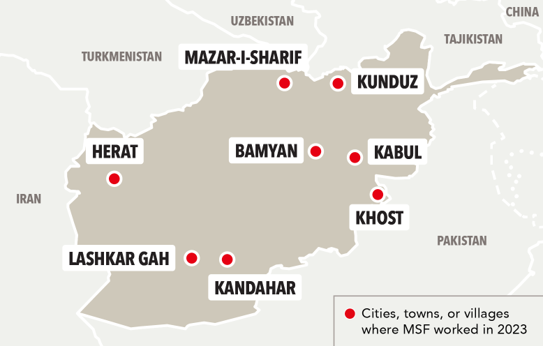 A map of Afghanistan, highlighting where MSF had projects in 2023.