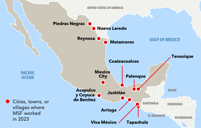 A map of Mexico, highlighting where MSF had projects in 2023.