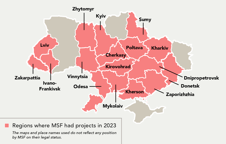 A map of Ukraine, highlighting where MSF had projects in 2023.