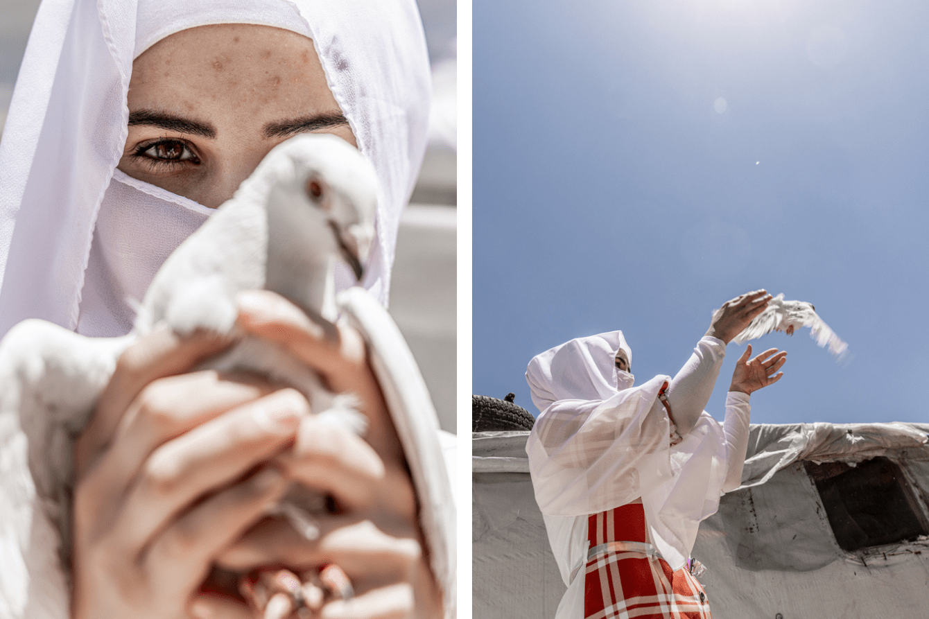 A young Syrian refugee releases a dove.