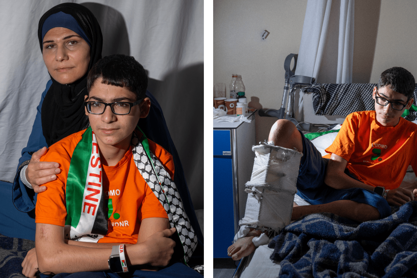 Abdul Rahman, a young Palestinian boy with his mother after medically evacuating from Gaza.