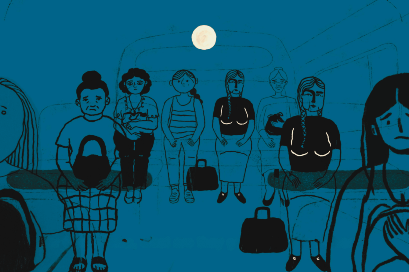 illustration of migrant women on a bus.