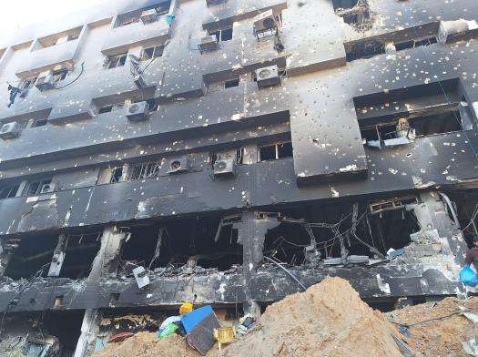 Destruction left after Israeli forces' siege of Al-Shifa Hospital in Gaza in March 2024.