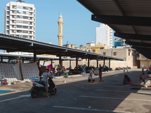 A parking lot where people are sheltering in Lebanon.